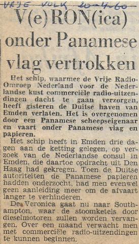 19600420 Vrije Volk VeRONica onder Panamese vlag vertrokken.jpg